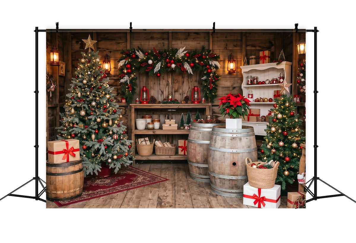 Fond Boutique De Noël Chalet Rustique Sapins RR610-115