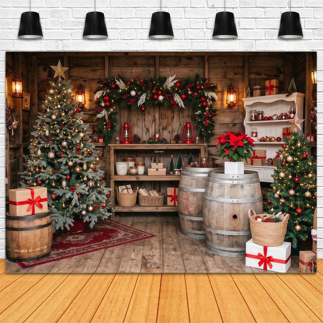 Fond Boutique De Noël Chalet Rustique Sapins RR610-115