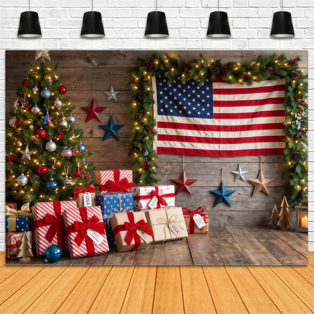 Fond De Noël Campagnard Cadeaux Drapeau Patriotique Sapin RR610-118
