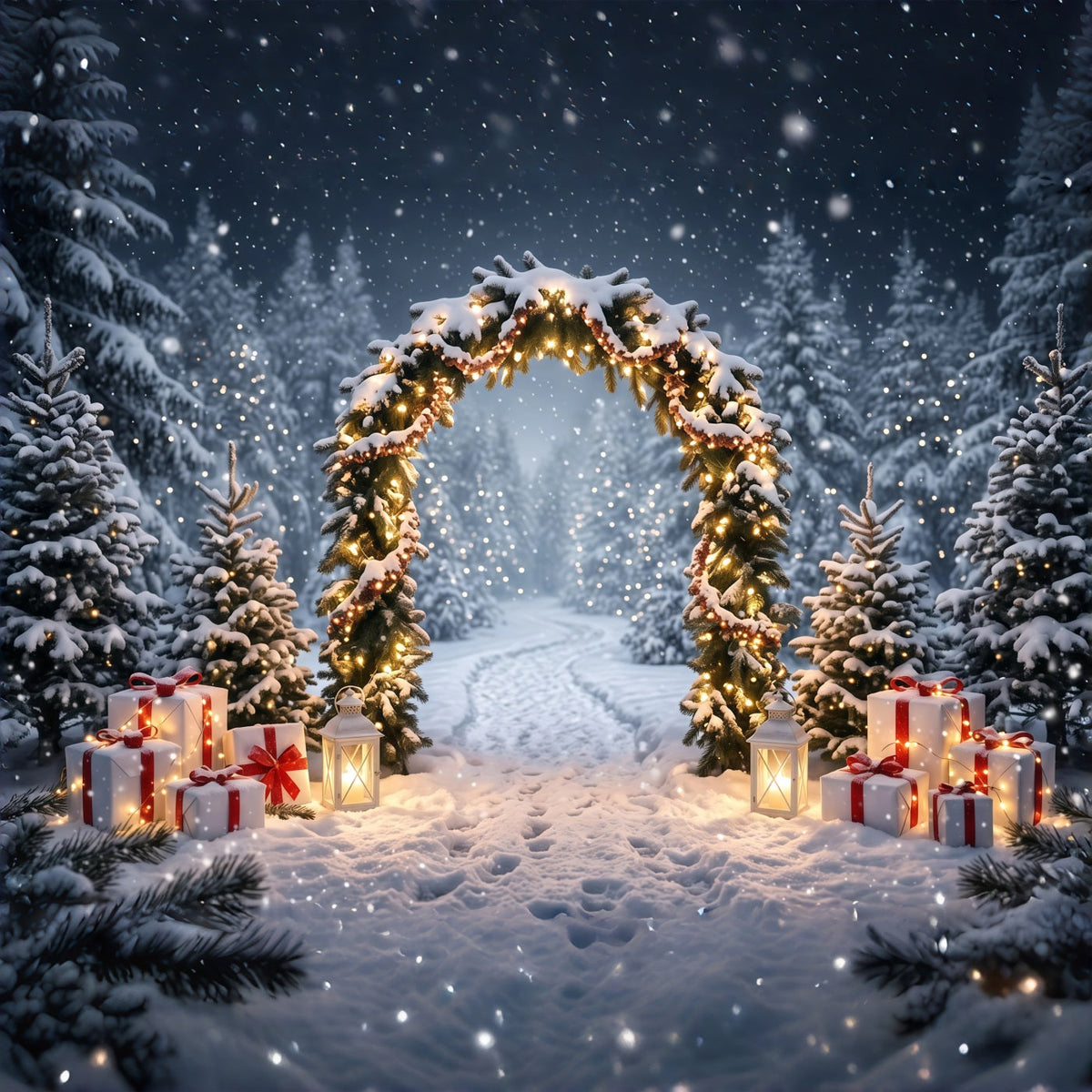 Fond Photo De Noël Arche Lanternes Sapins Enneigés RR610-119