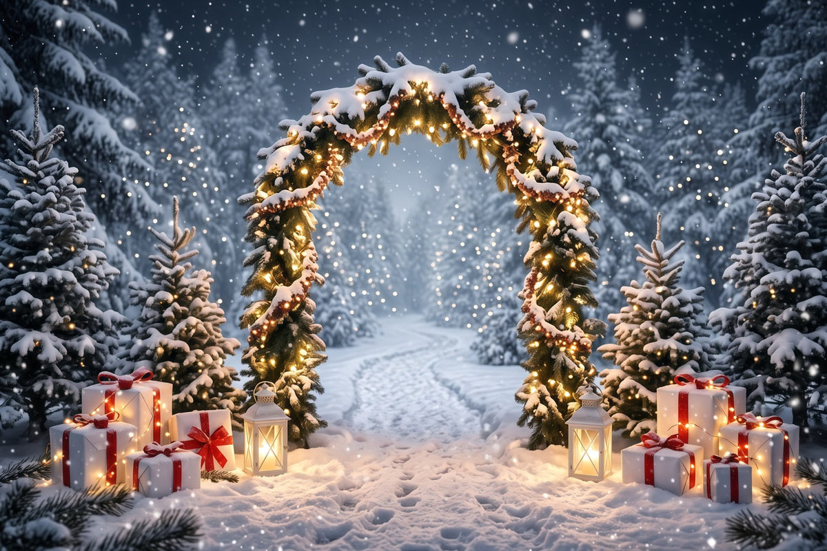 Fond Photo De Noël Arche Lanternes Sapins Enneigés RR610-119
