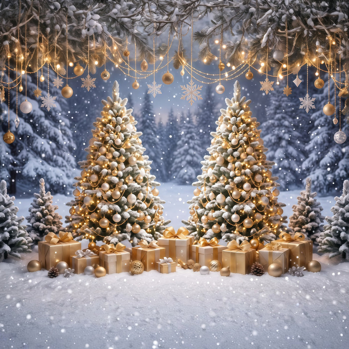 Fond Photo De Noël Ornements Dorés Deux Sapins RR610-121