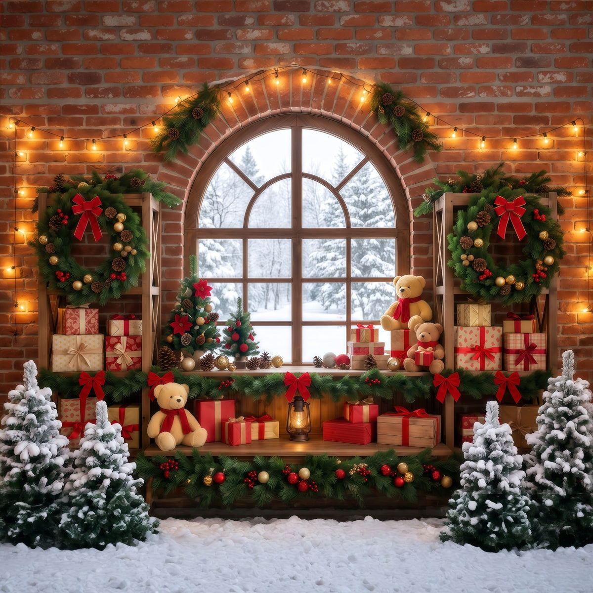 Fond De Fenêtre De Noël Intérieur Festif Couronne RR610-124