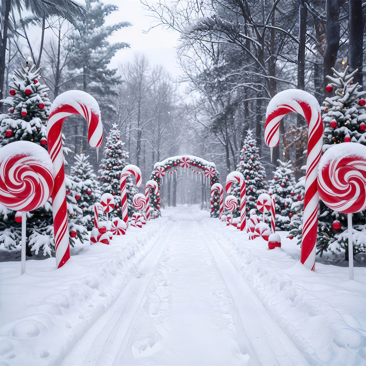 Fond De Noël Bonbons Sucre Sentier Forestier Enneigé RR610-126