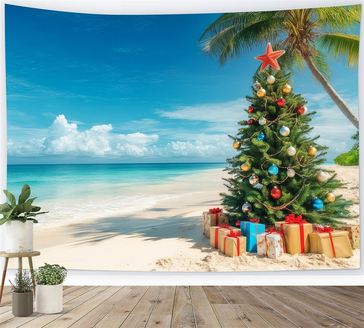 Fond De Sapins De Noël Arbre Décoré Bord De Plage Tropical RR610-130
