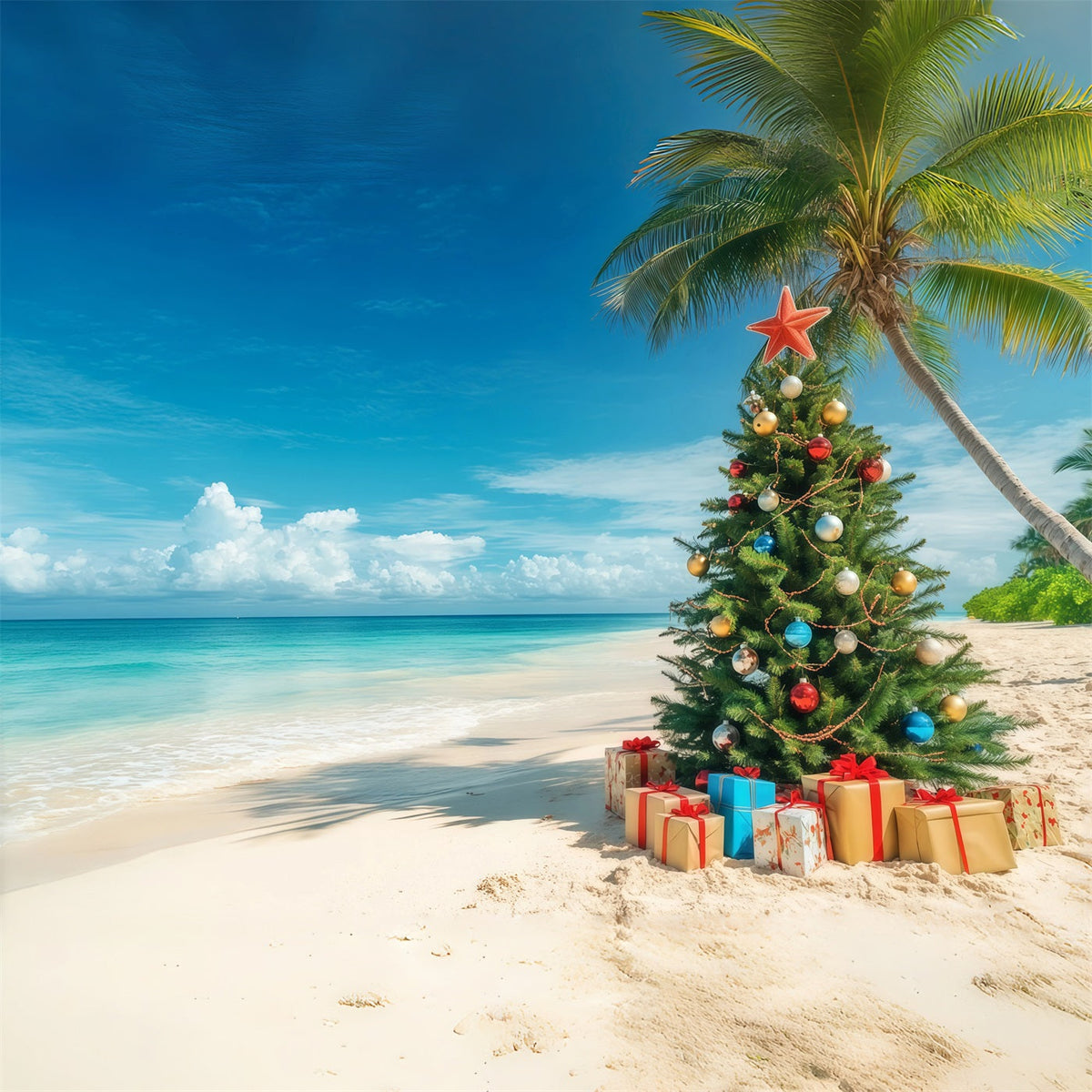 Fond De Sapins De Noël Arbre Décoré Bord De Plage Tropical RR610-130