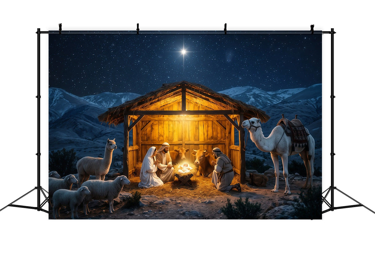 Fond De Crèche De Noël Étable Mangeoire Nuit Étoilée RR610-132