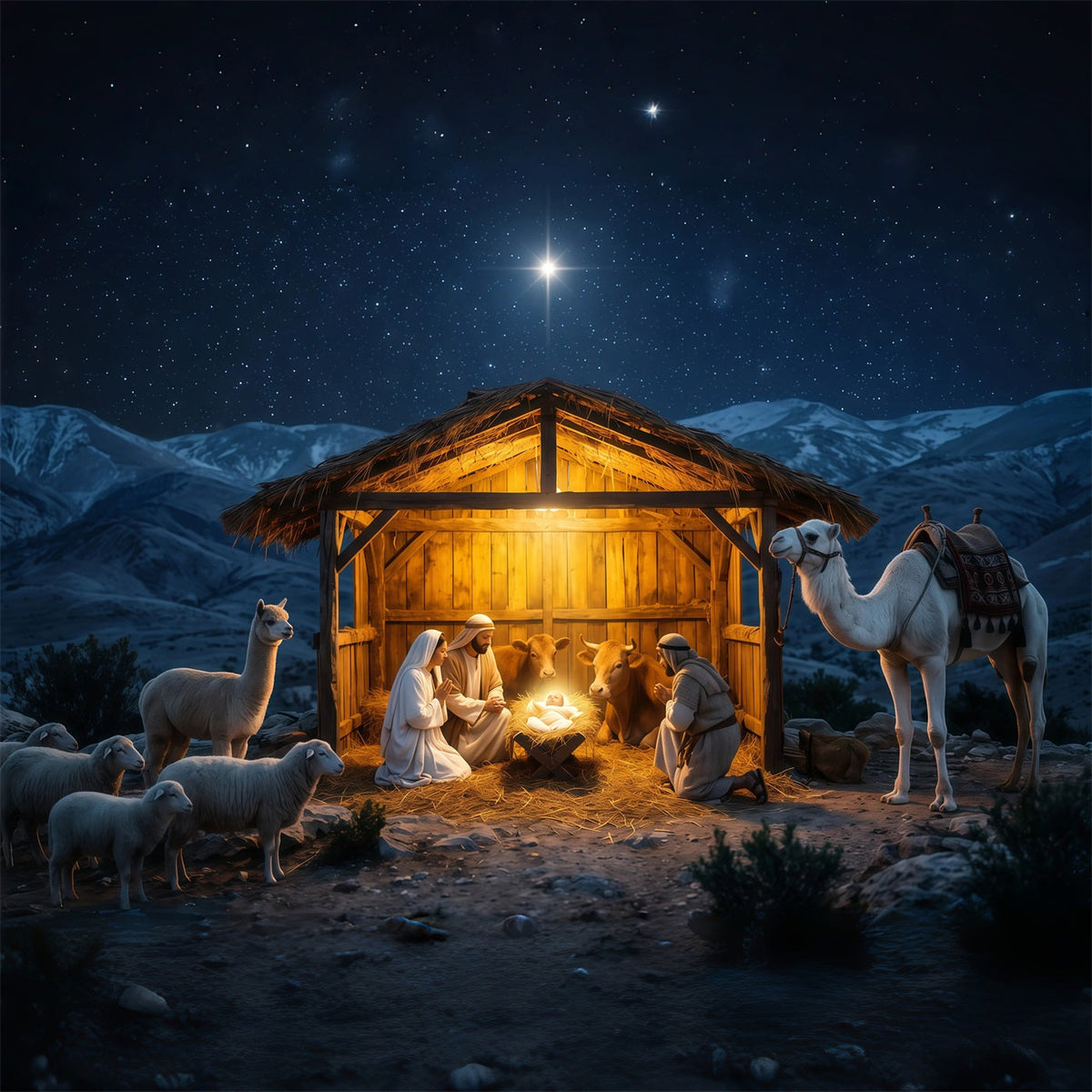 Fond De Crèche De Noël Étable Mangeoire Nuit Étoilée RR610-132