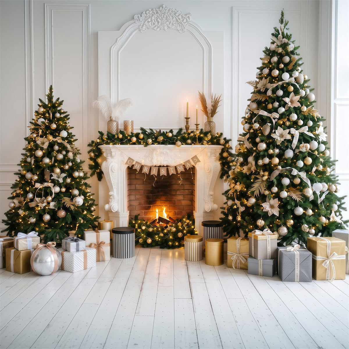 Fond Photo De Noël Cheminée Élégante Décor Doré RR610-135