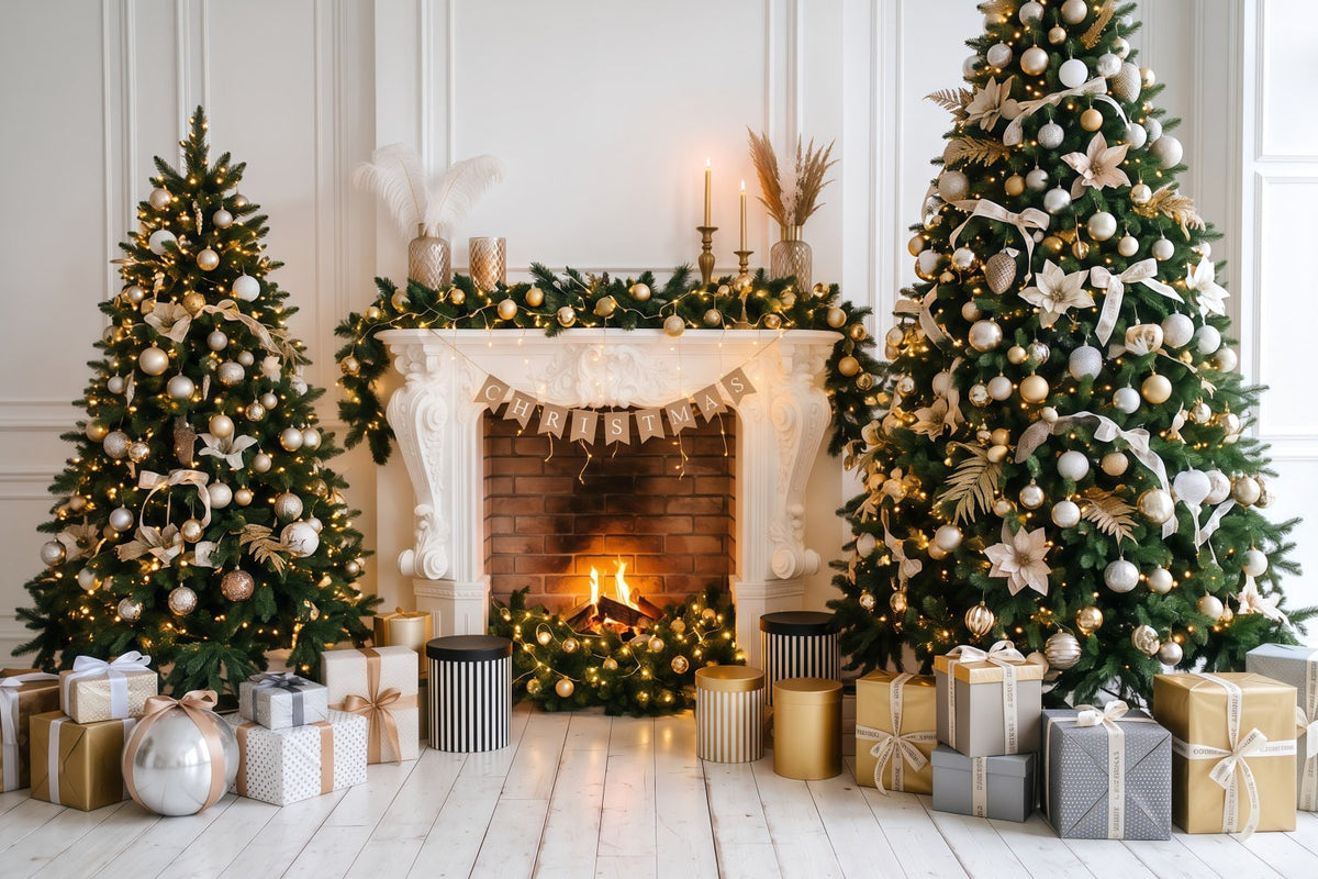 Fond Photo De Noël Cheminée Élégante Décor Doré RR610-135