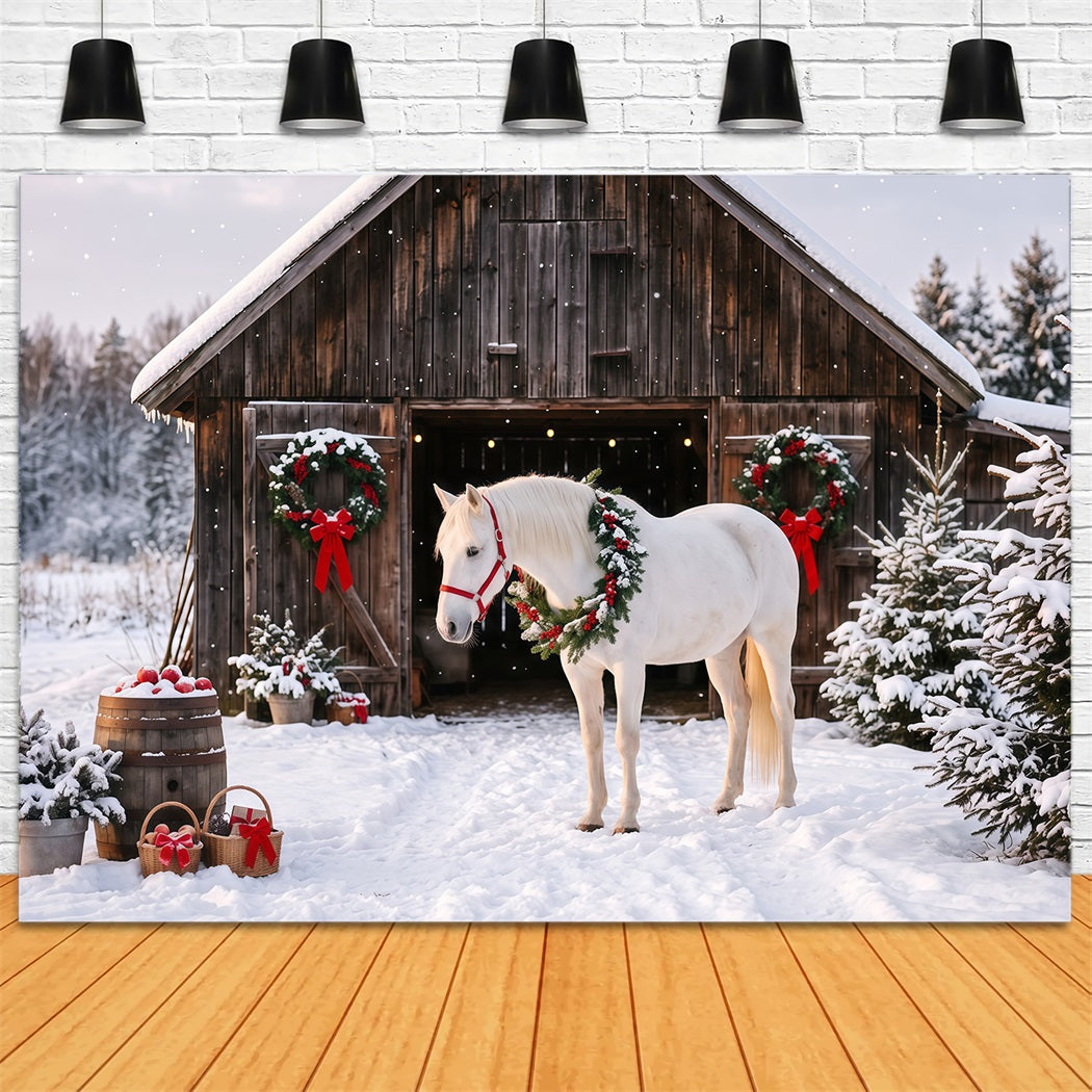 Fond De Noël Western Cheval Blanc Grange Festive RR610-143