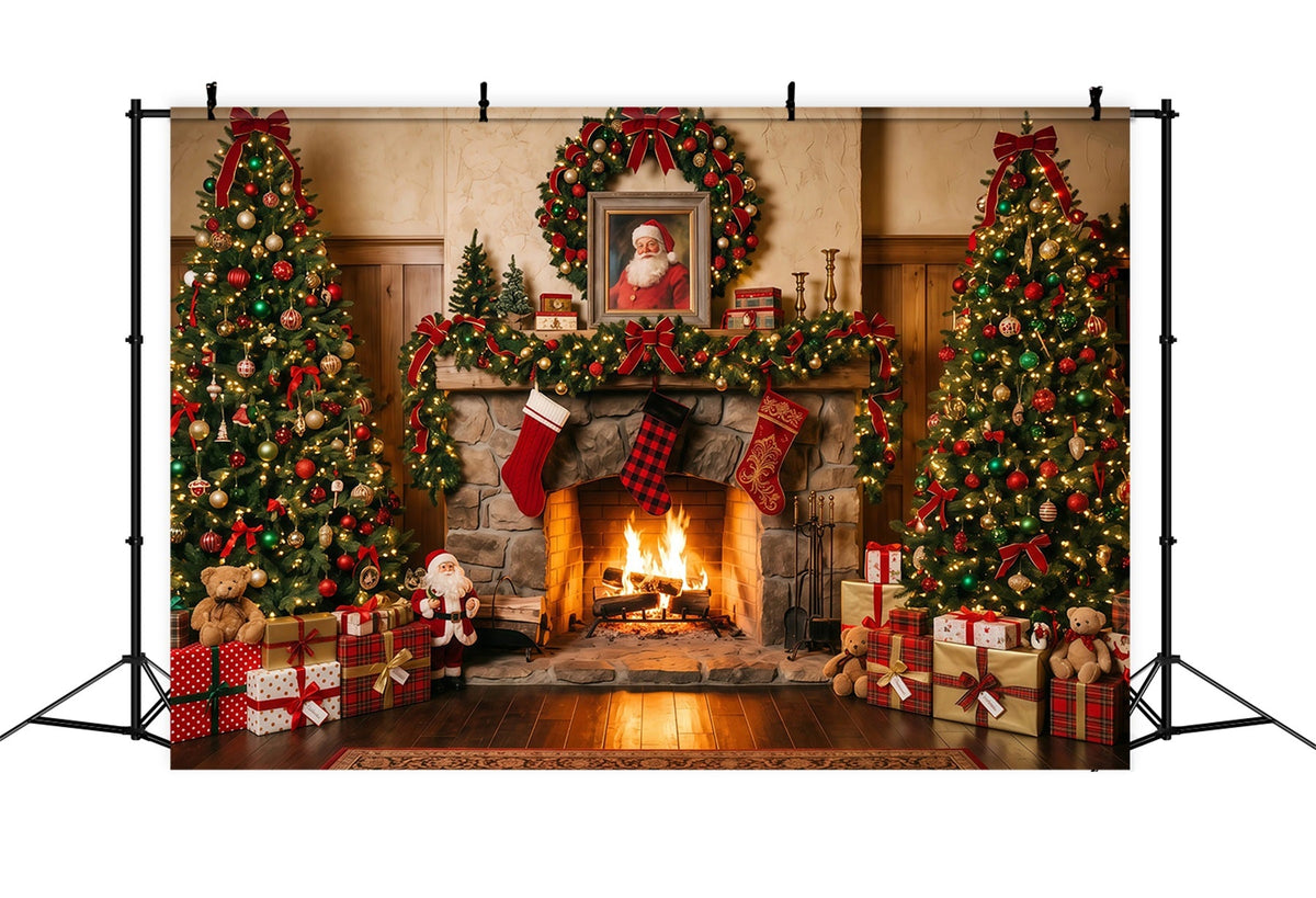 Fond Photo Père Noël Cheminée Rustique Chaussettes RR610-144