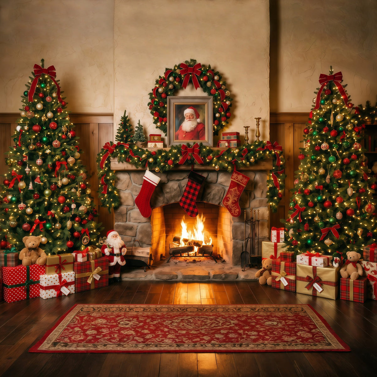 Fond Photo Père Noël Cheminée Rustique Chaussettes RR610-144