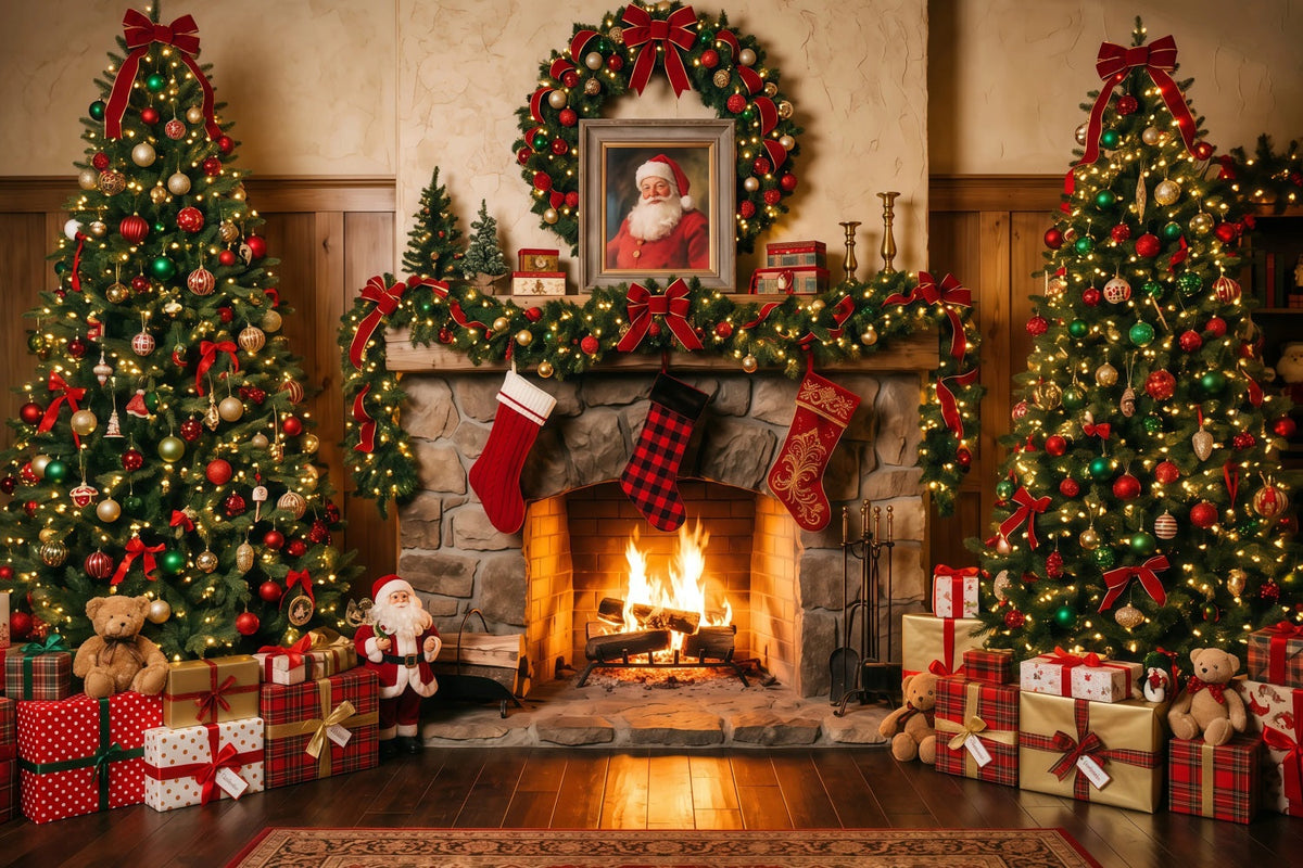 Fond Photo Père Noël Cheminée Rustique Chaussettes RR610-144