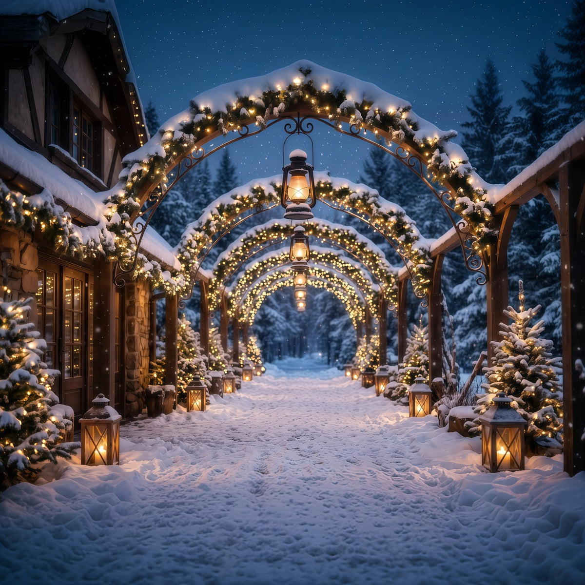 Fond Arche De Noël Arche Lanternes Lumineuses Enneigées RR610-145