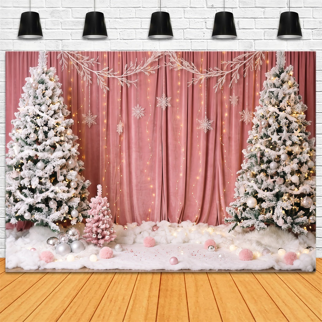 Fond De Noël Hiver Rideau Rose Sapin Enneigé RR610-147