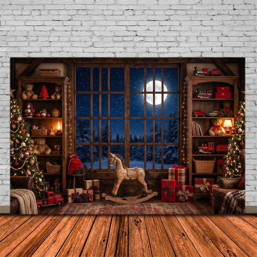 Fond Atelier Père Noël Fenêtre Salle Jouets Au Clair De Lune RR610-148