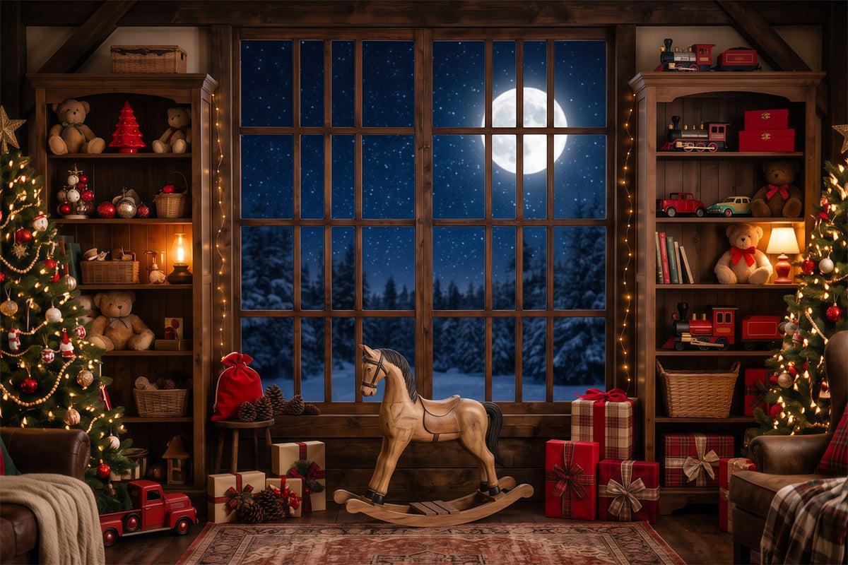 Fond Atelier Père Noël Fenêtre Salle Jouets Au Clair De Lune RR610-148