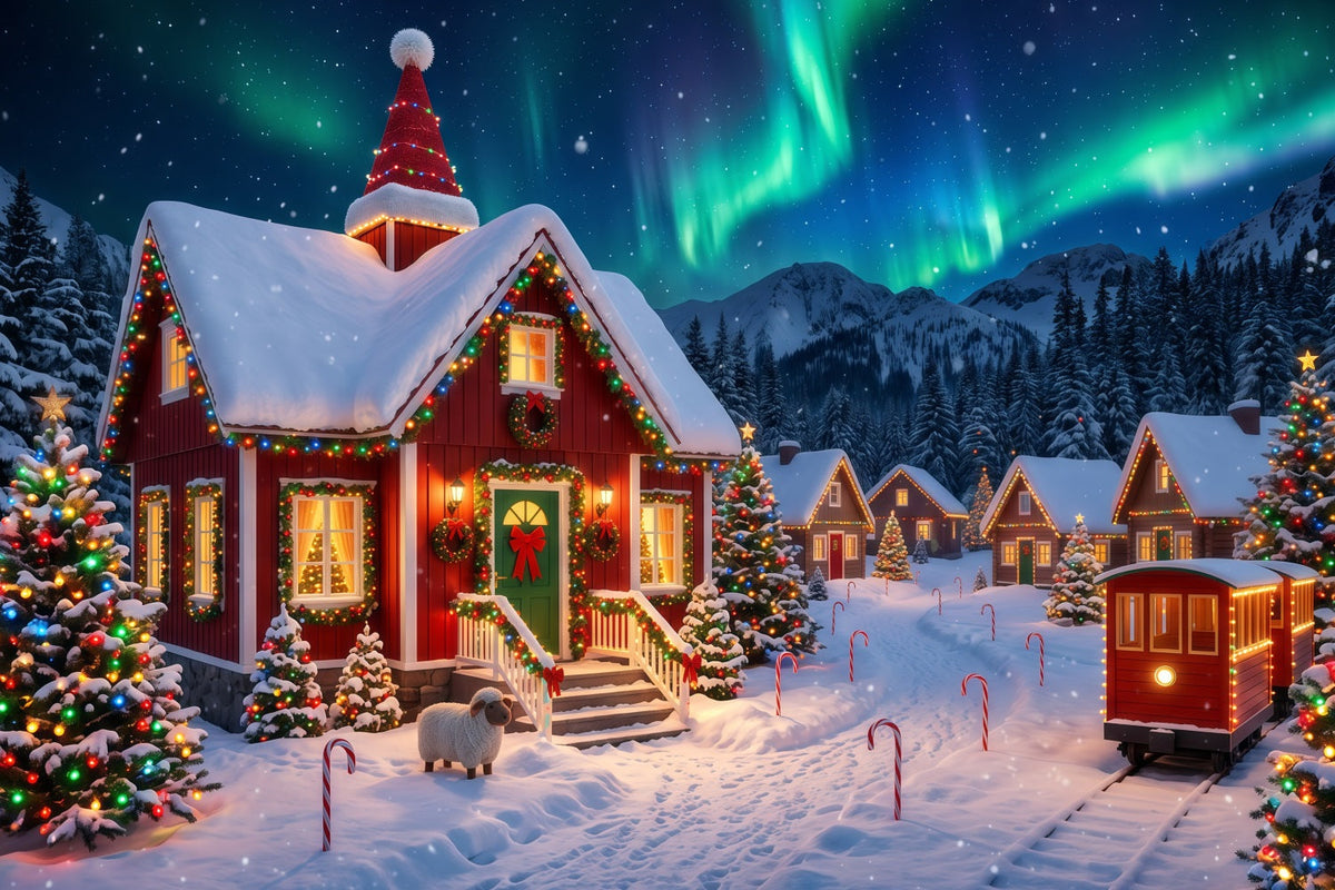 Fond Elfe De Noël Aurore Village Enneigé Lumières RR610-153