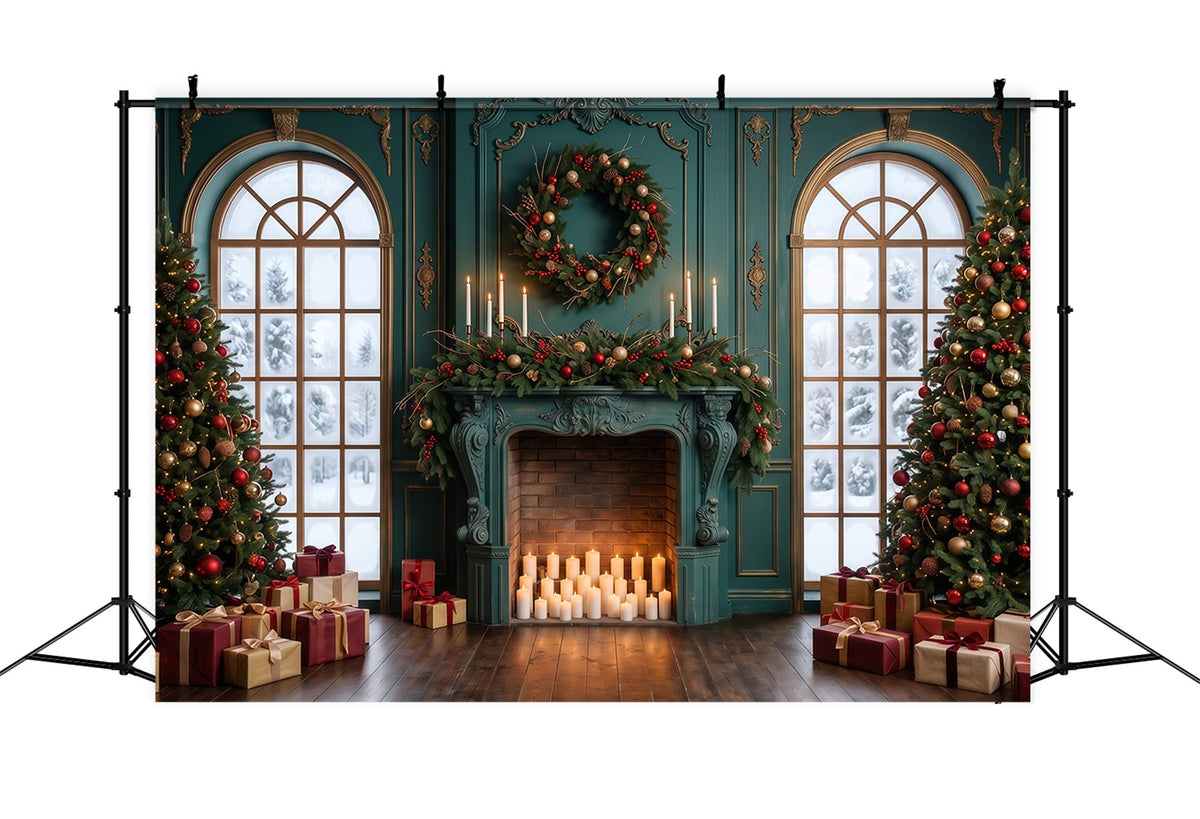 Fond De Noël Salon Cheminée Émeraude Lumière Bougies RR610-154