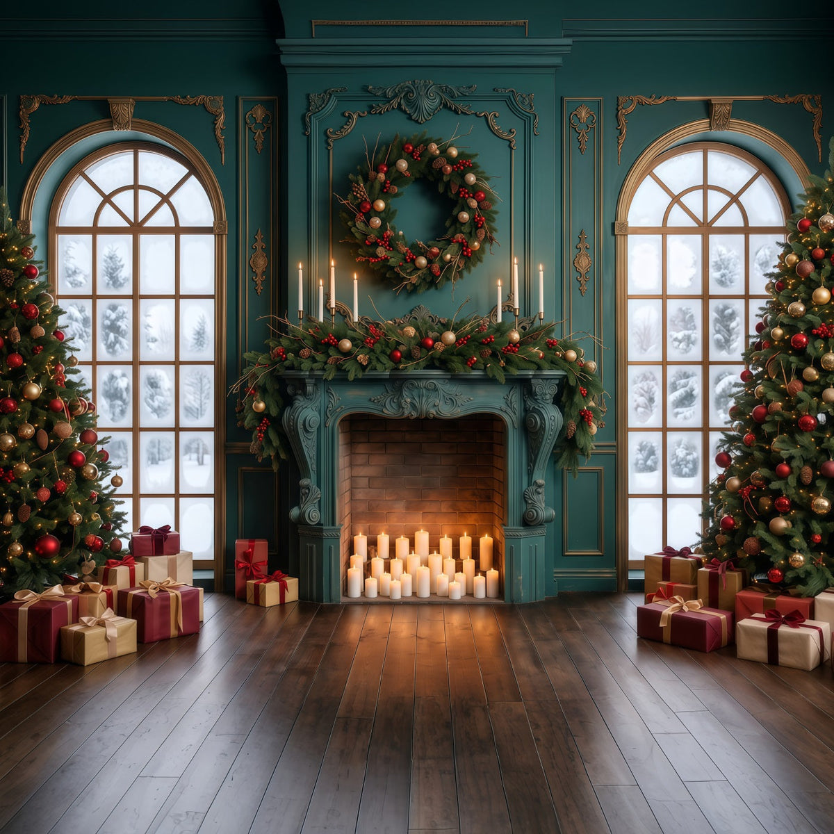 Fond De Noël Salon Cheminée Émeraude Lumière Bougies RR610-154