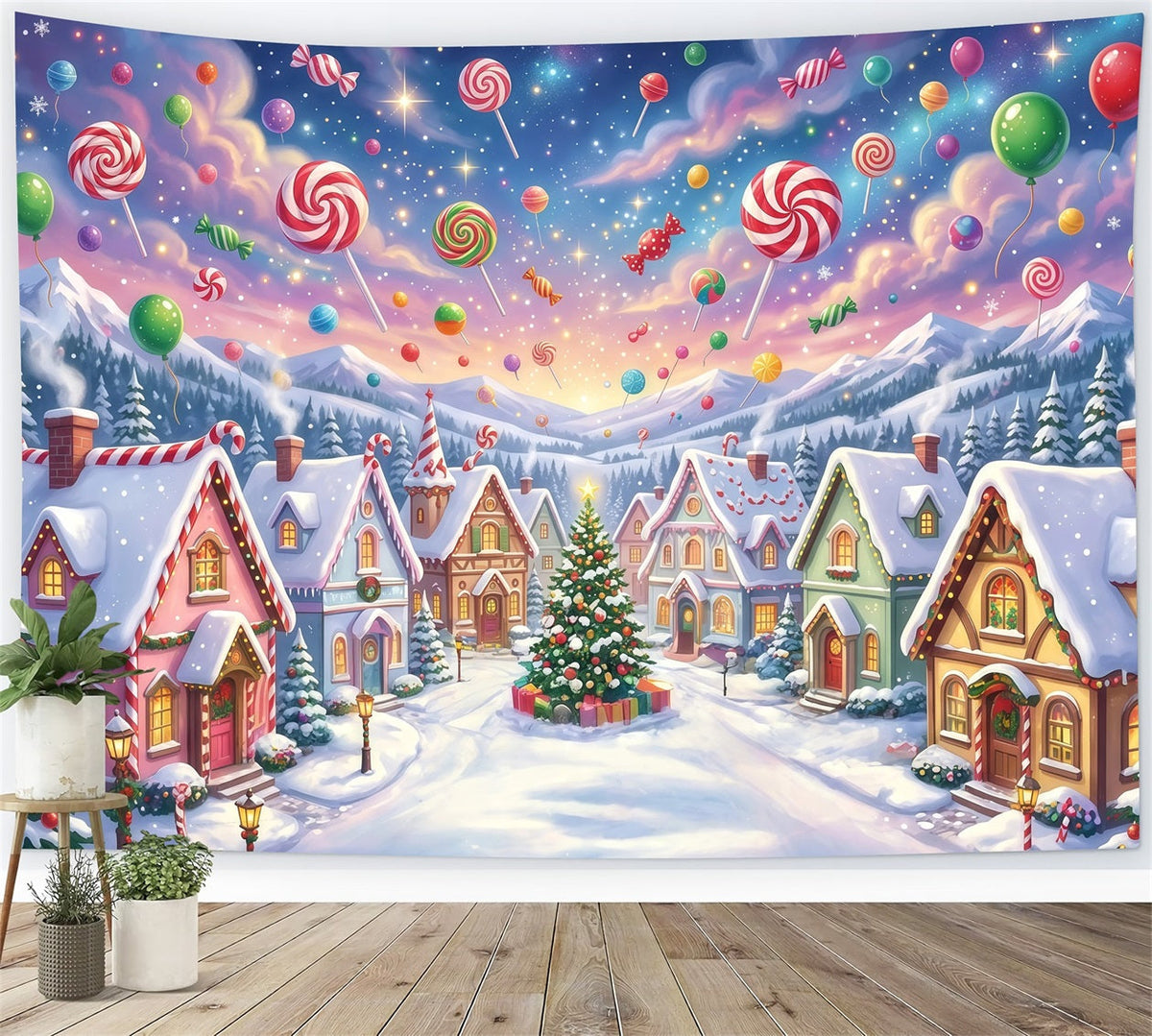 Fond De Noël Pays Des Bonbons Village Hivernal Sucettes RR610-157