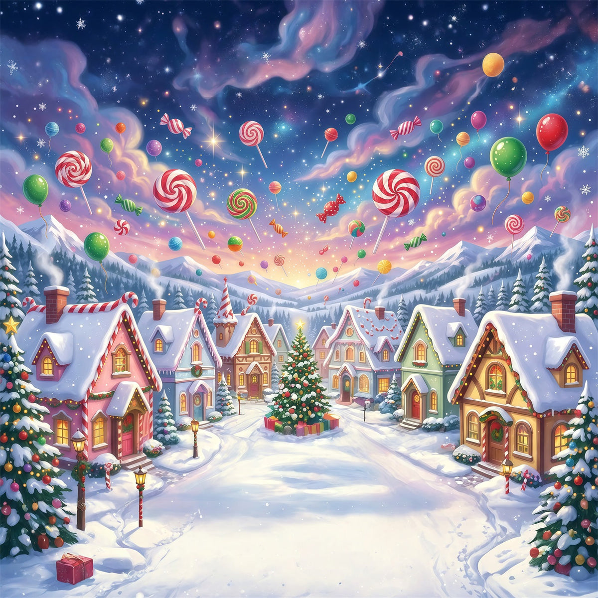 Fond De Noël Pays Des Bonbons Village Hivernal Sucettes RR610-157