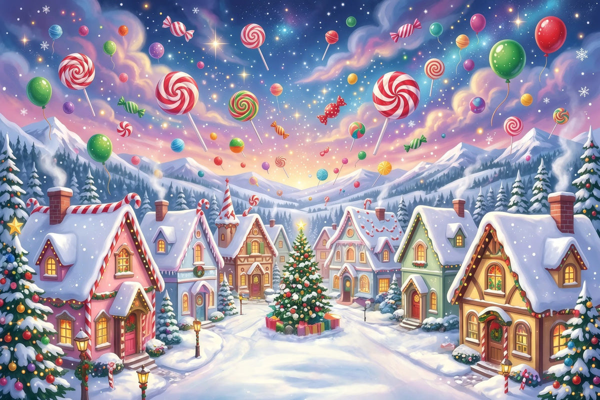 Fond De Noël Pays Des Bonbons Village Hivernal Sucettes RR610-157