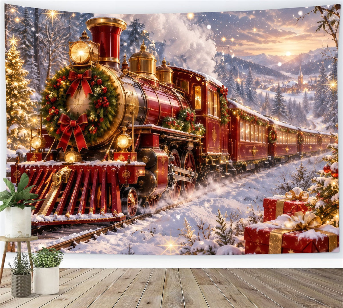 Fond Photo De Noël Train À Vapeur Rouge Festif RR610-158