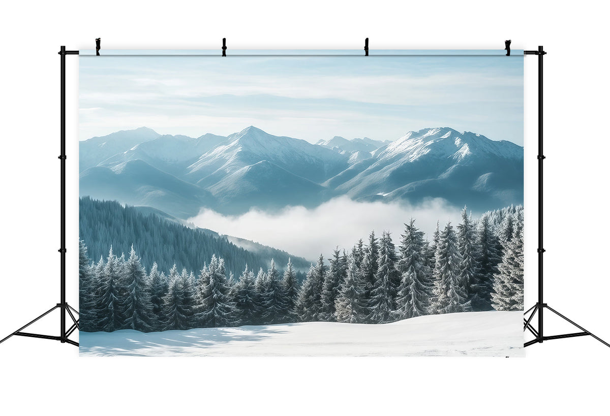 Fond De Noël Pays Hivernal Forêt Brumeuse Montagnes Enneigées RR610-159