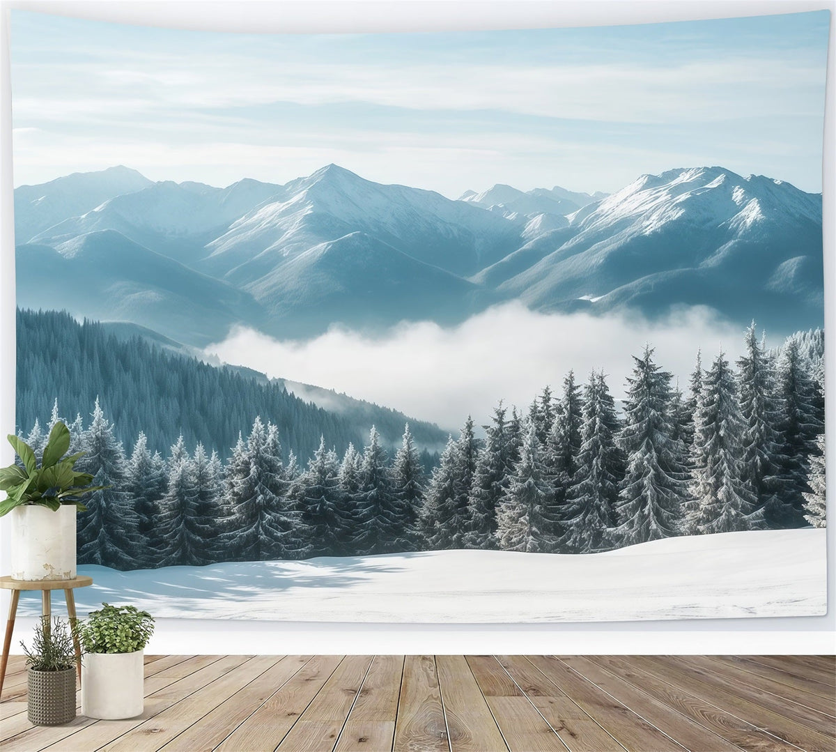 Fond De Noël Pays Hivernal Forêt Brumeuse Montagnes Enneigées RR610-159