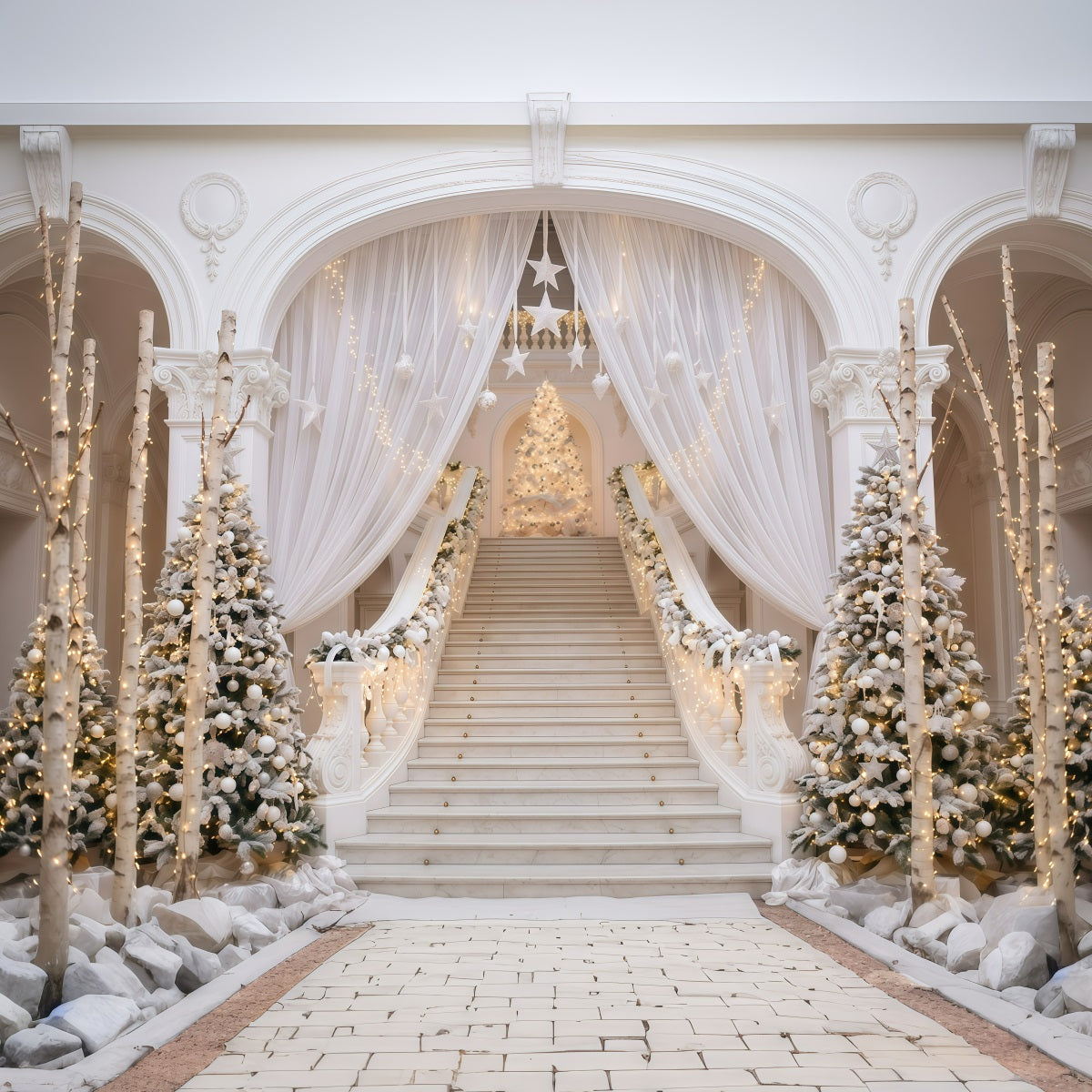 Fond De Noël Escalier Blanc Élégant RR610-16