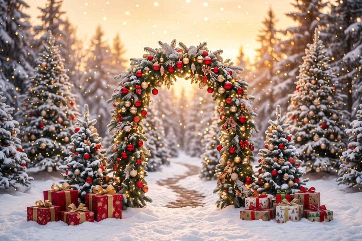 Fond Arche De Noël Couronne Sapins Enneigés RR610-165