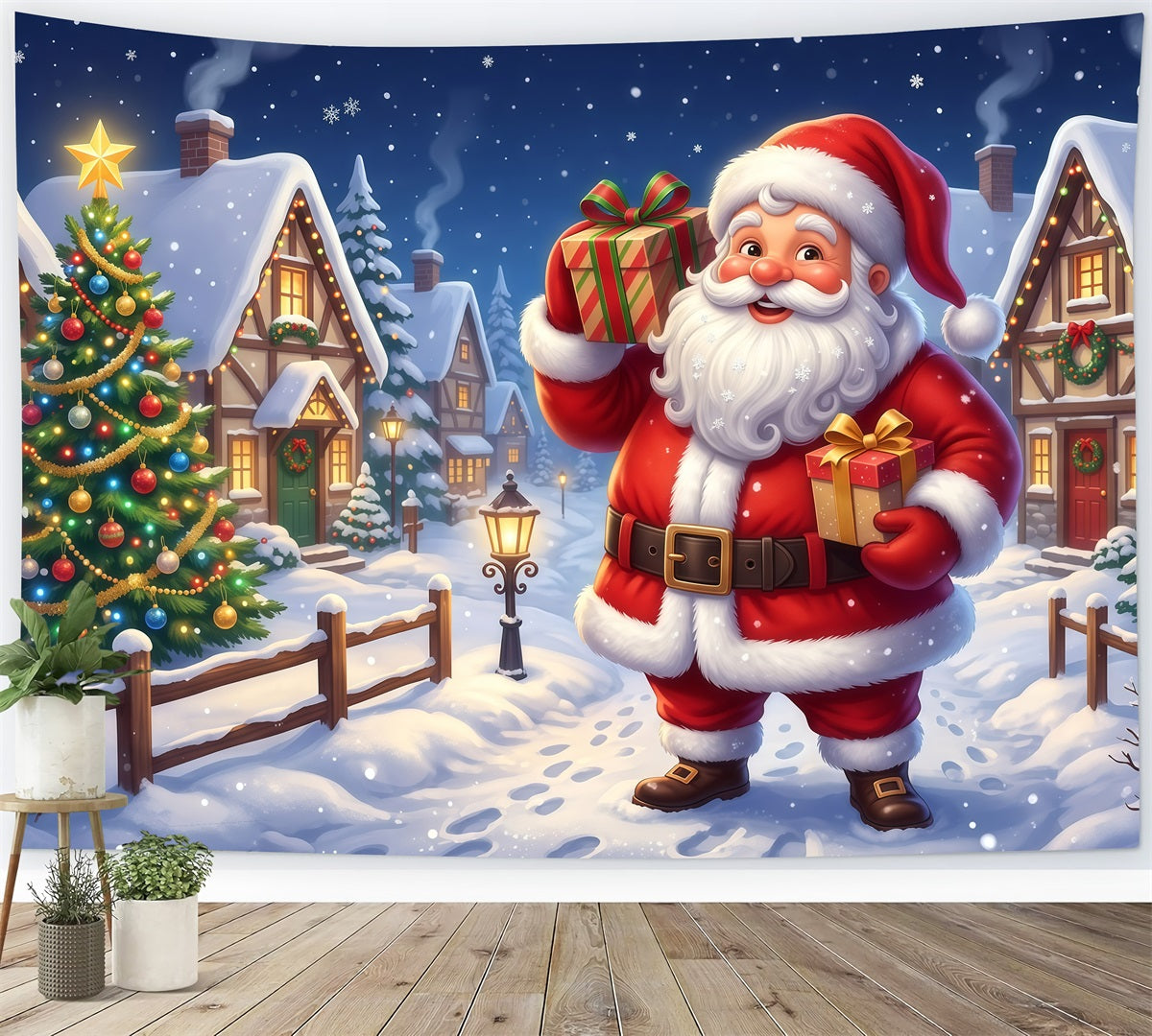 Fond Photo Père Noël Village Cadeaux Promenade RR610-17