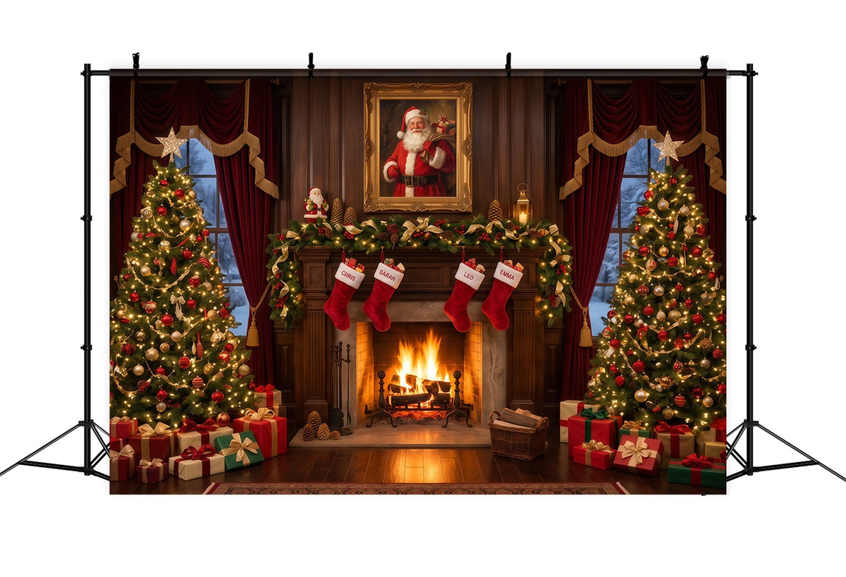 Fond Photo Père Noël Cheminée Vintage Chaussettes RR610-170