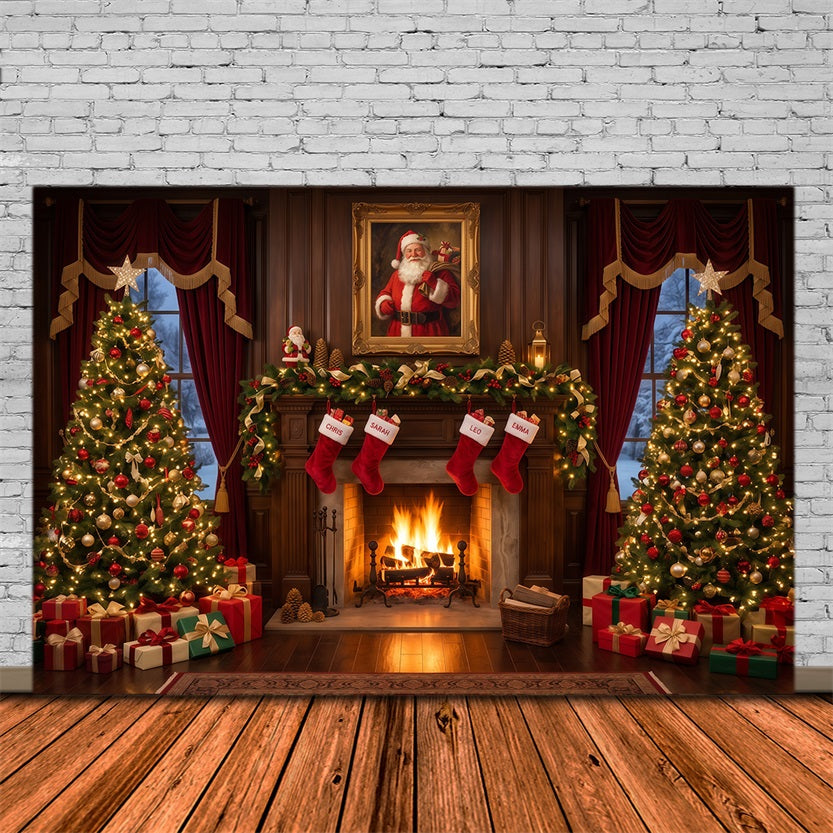 Fond Photo Père Noël Cheminée Vintage Chaussettes RR610-170