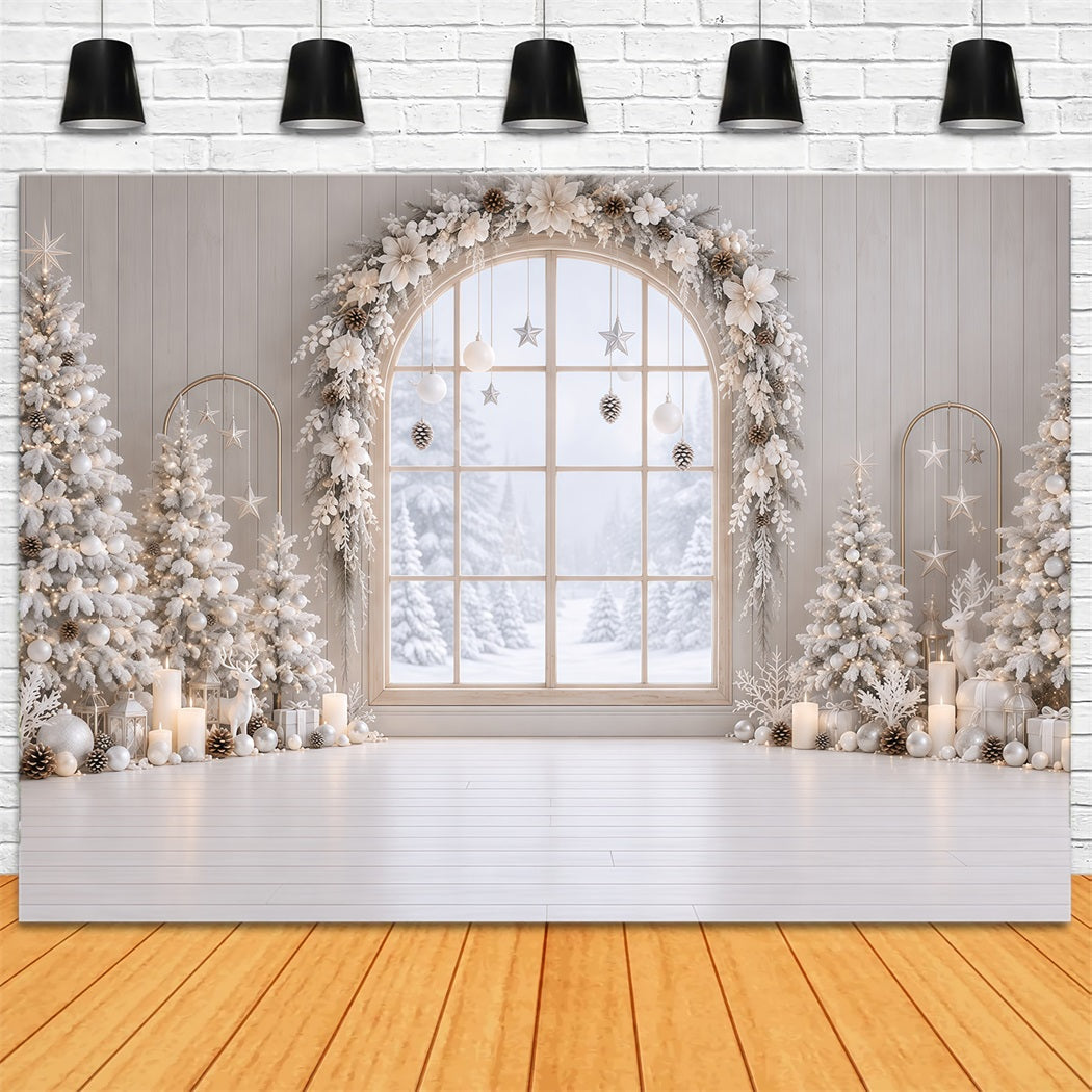 Fond De Fenêtre De Noël Arche Florale Blanche Givrée RR610-171