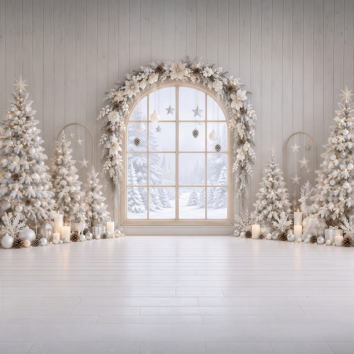 Fond De Fenêtre De Noël Arche Florale Blanche Givrée RR610-171