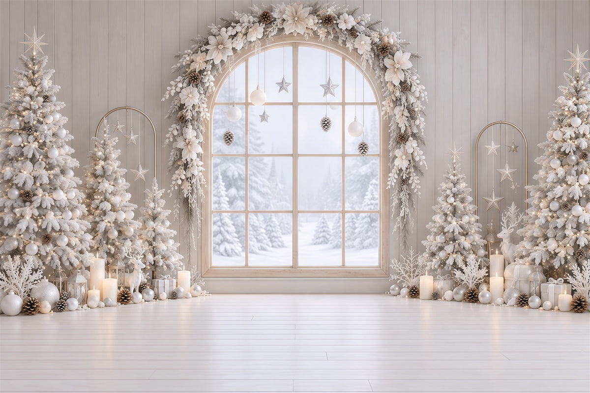 Fond De Fenêtre De Noël Arche Florale Blanche Givrée RR610-171