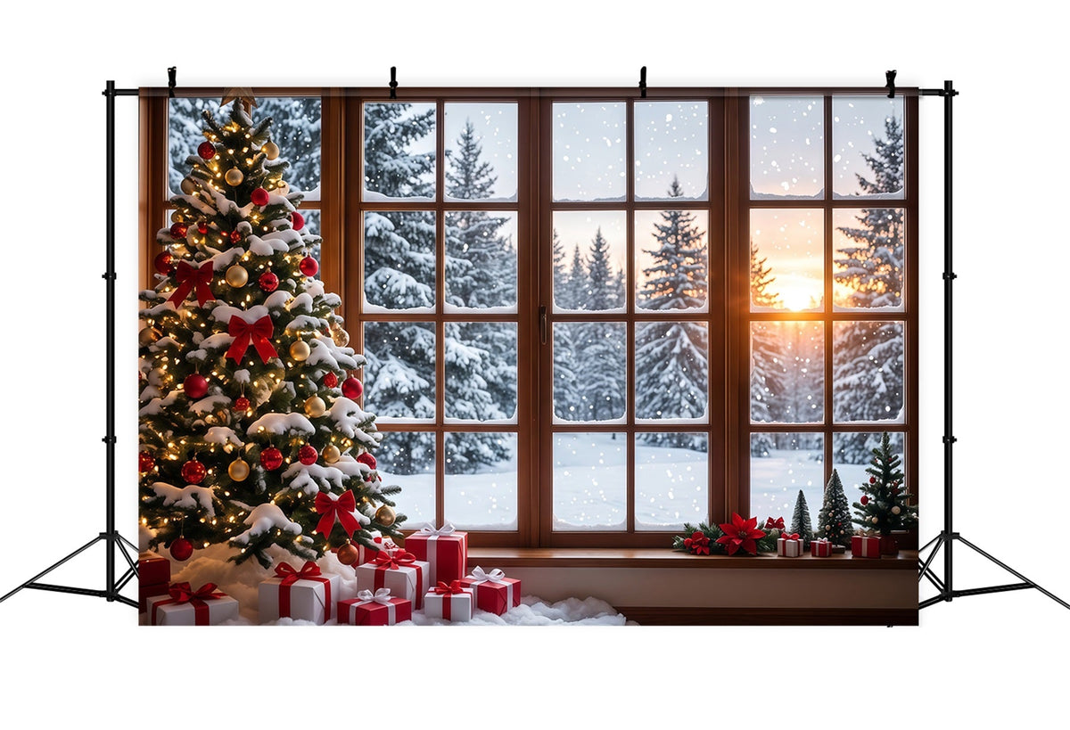 Fond De Forêt De Noël Fenêtre Enneigée Sapin Décoré RR610-174