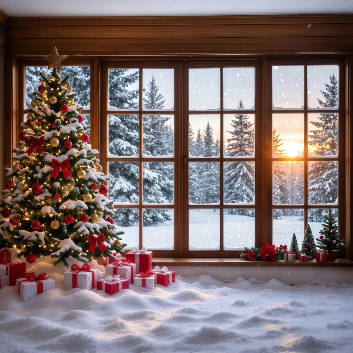Fond De Forêt De Noël Fenêtre Enneigée Sapin Décoré RR610-174
