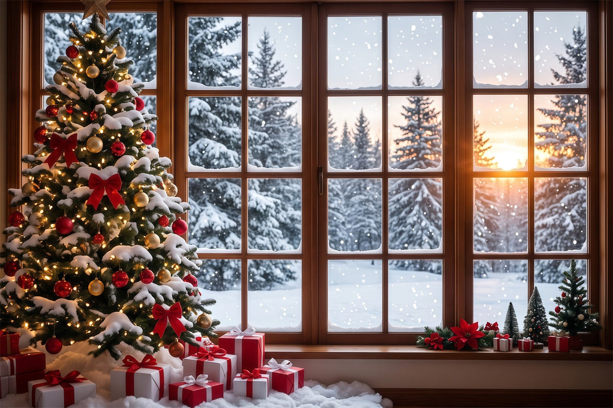 Fond De Forêt De Noël Fenêtre Enneigée Sapin Décoré RR610-174