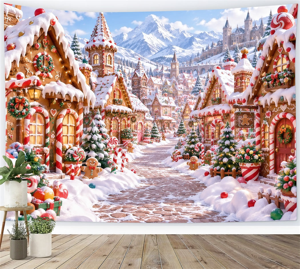 Fond De Noël Village Montagne Bonbons Pain D'Épices Enneigé RR610-176
