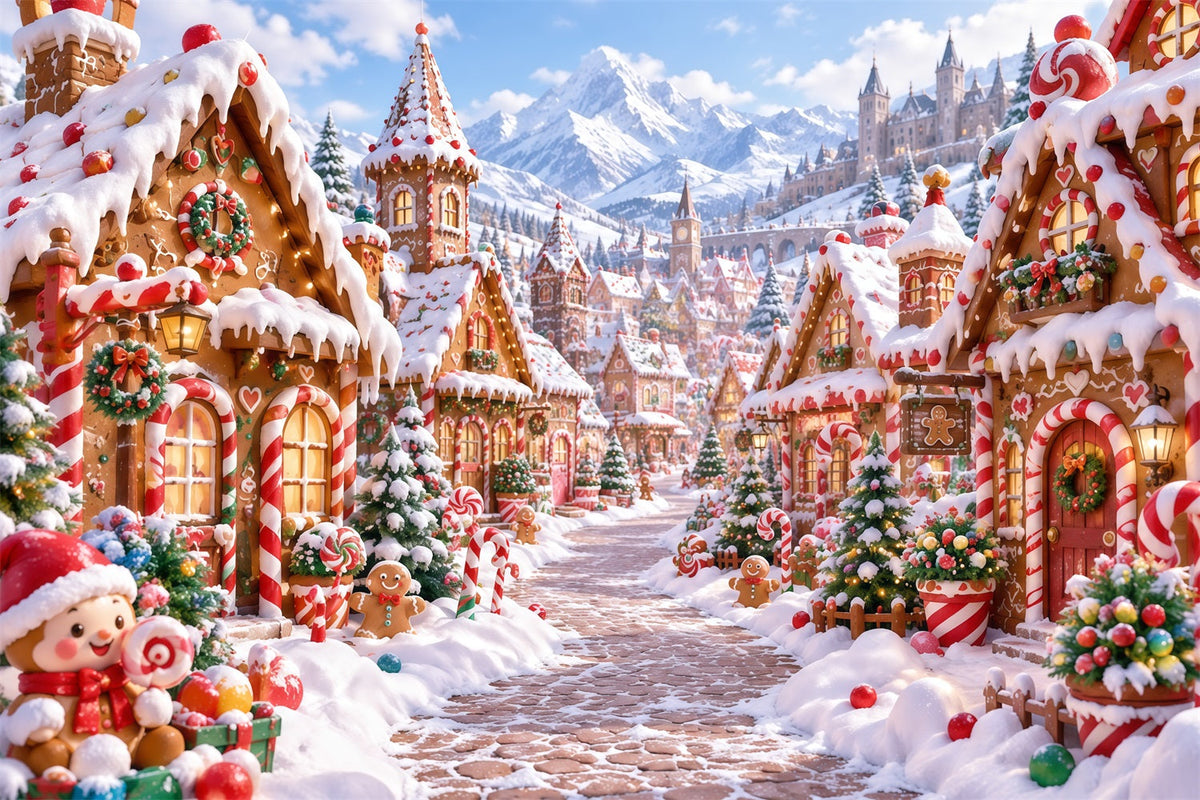 Fond De Noël Village Montagne Bonbons Pain D'Épices Enneigé RR610-176