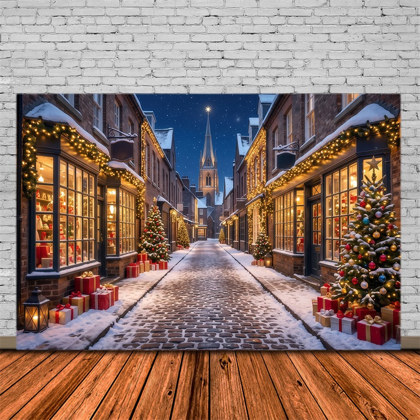 Fond De Village De Noël Rue Commerçante Illuminée Enneigée RR610-180