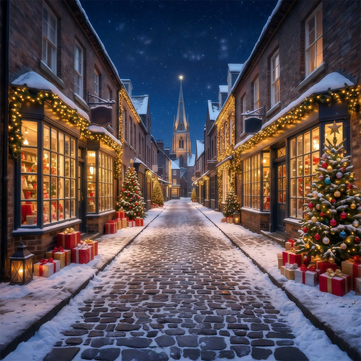 Fond De Village De Noël Rue Commerçante Illuminée Enneigée RR610-180