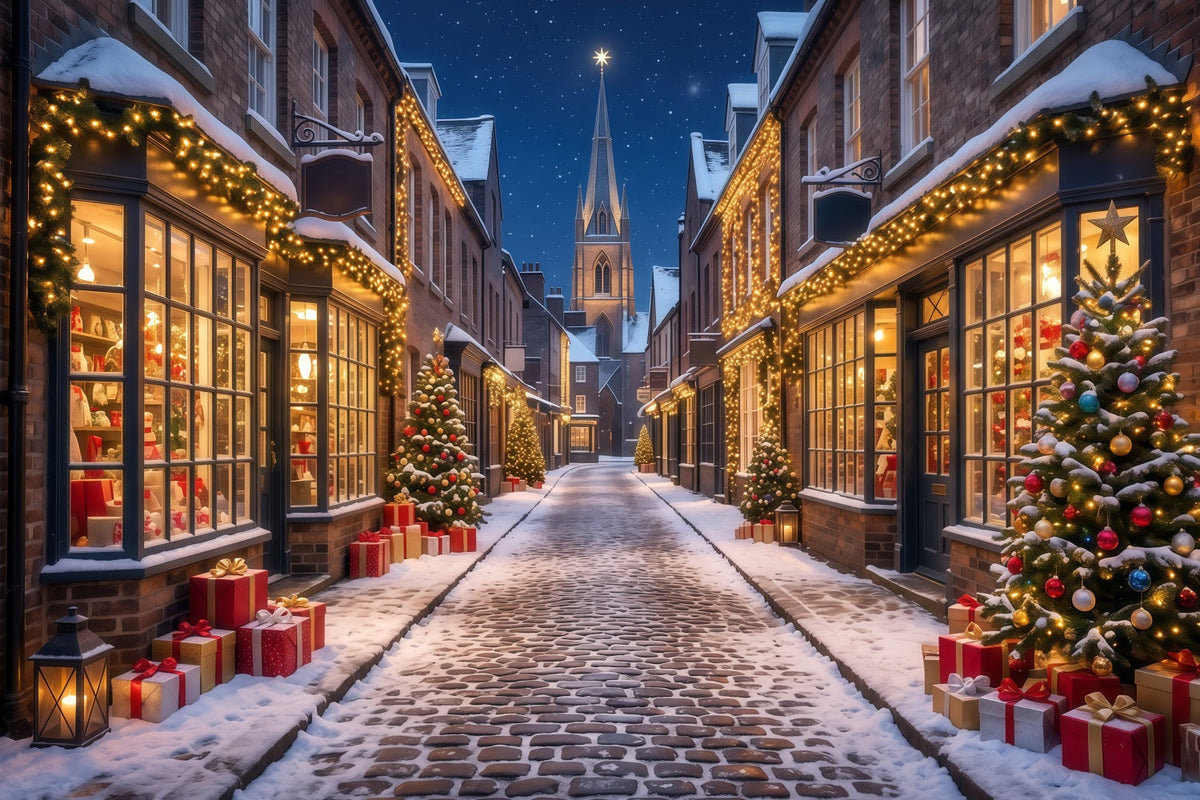 Fond De Village De Noël Rue Commerçante Illuminée Enneigée RR610-180