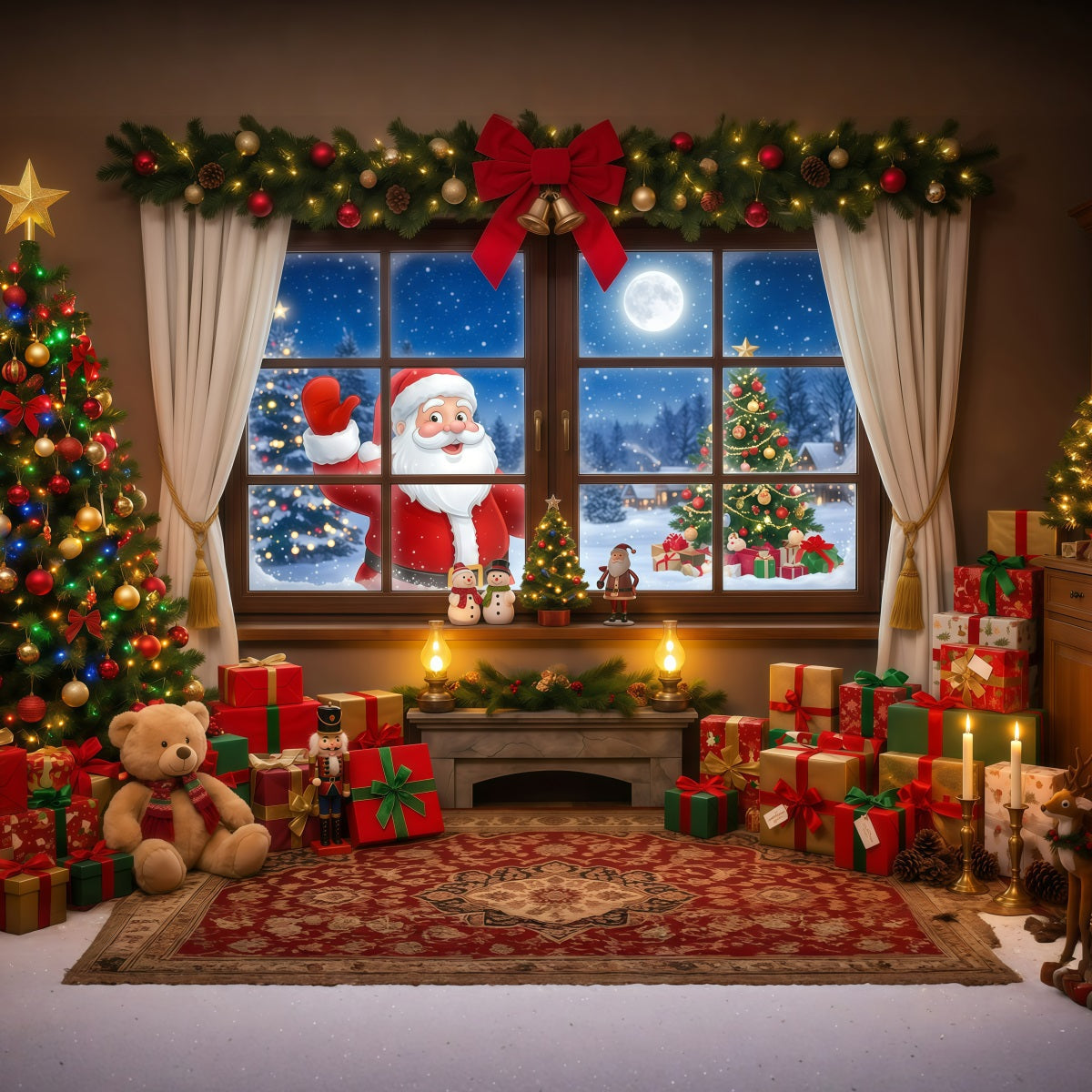 Fond Photo Père Noël Fenêtre Cadeaux Musique De Noël RR610-19