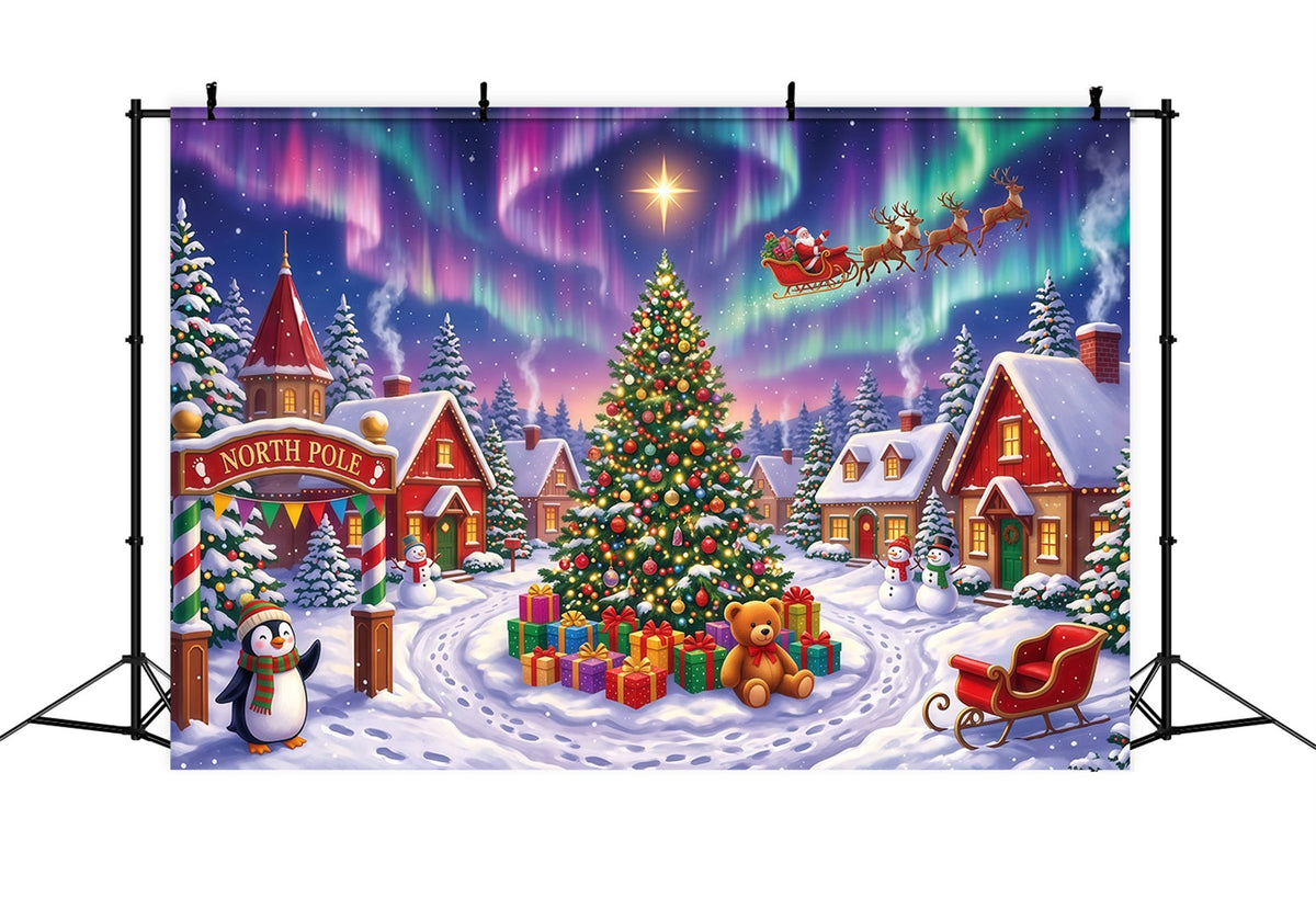 Fond Photo Père Noël Village Aurore Boréale Enneigée RR610-22