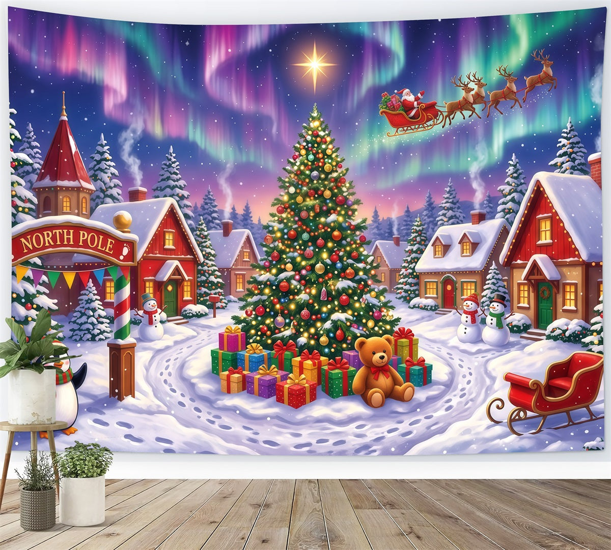 Fond Photo Père Noël Village Aurore Boréale Enneigée RR610-22